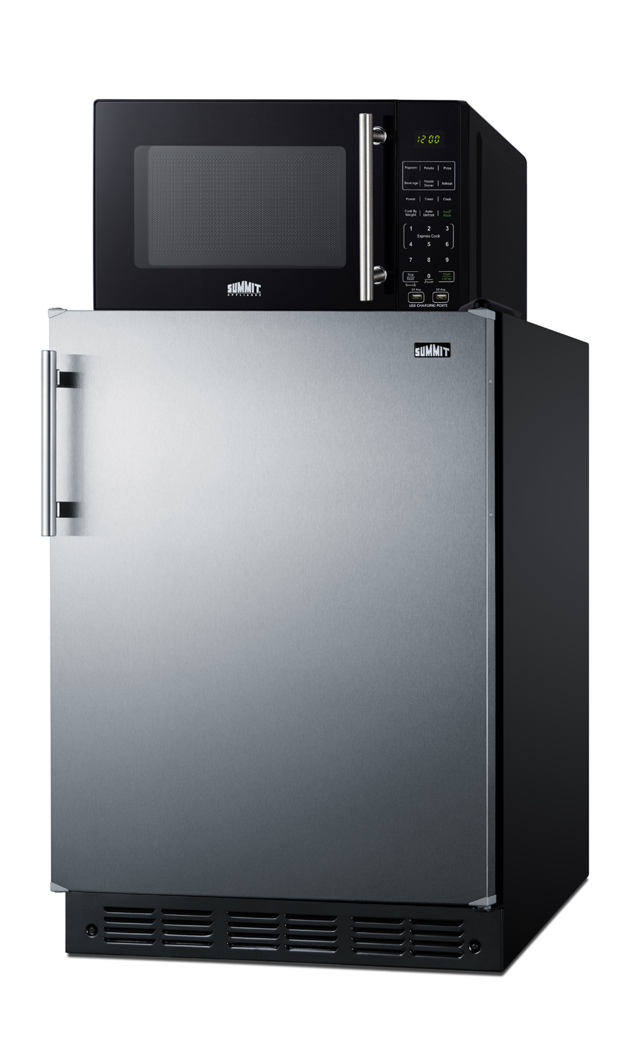 Counter height all-refrigerator with stainless steel door and compact microwave in black with allocator and USB ports for 1-plug operation; ships in three boxes on one pallet